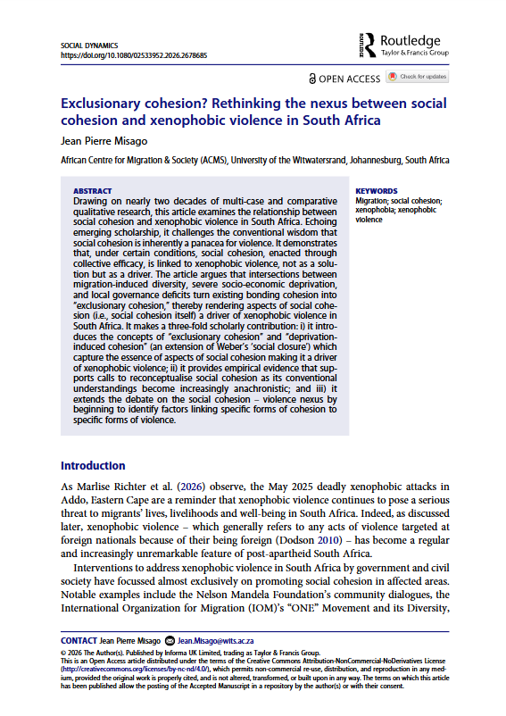 Exclusionary cohesion? Rethinking the nexus between social cohesion and xenophobic violence in South Africa